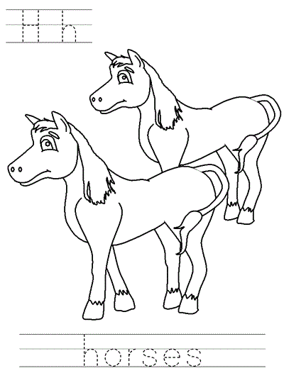 Printable print practice coloring page - Hh horses