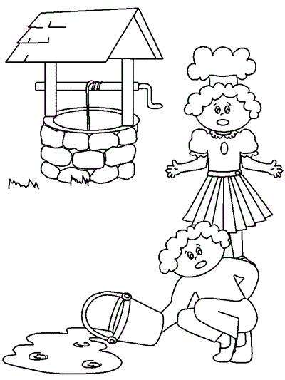 coloring page of the pail of water spilled beside the well 