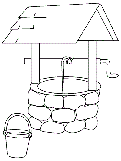 coloring page of a pail of water beside a well