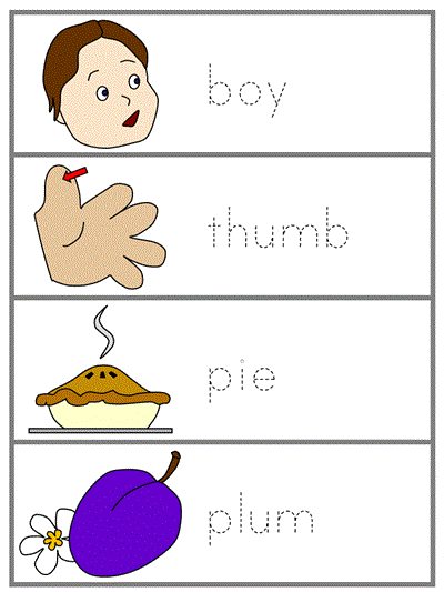 Word Wall Words trace the letters template - - boy, thumb, pie, plum