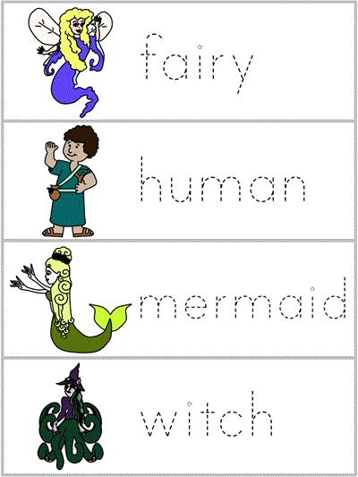 Word Wall Words tracer worksheet - fairy, human, mermaid, witch