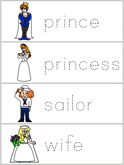Word Wall Words tracer worksheet - prince, princess, sailor, wife