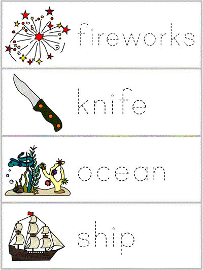 Word Wall Words tracer worksheet - fireworks, knife, ocean, ship