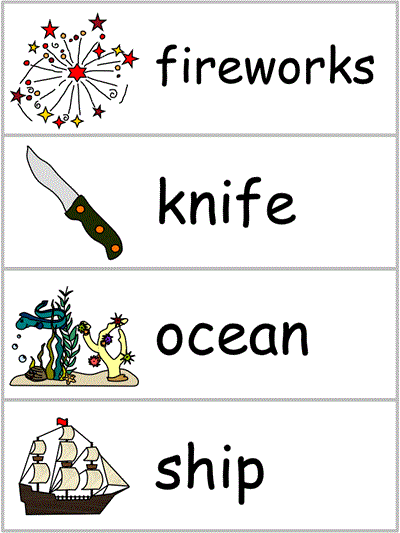 Word Wall Words - fireworks, knife, ocean, ship