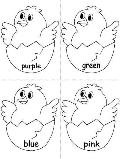 coloring page of purple, green, blue and pink chicks