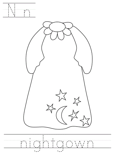 Printable print practice coloring page - Nn nightgown