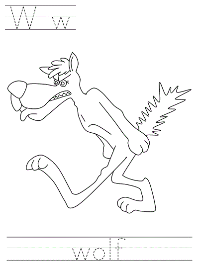 Printable print practice coloring page - Ww wolf
