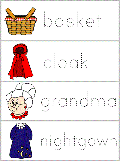 Word Wall Words tracing worksheet - basket, cloak, grandma, nightgown