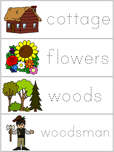 Word Wall Words tracing worksheets - cottage, flowers, woods, woodsman