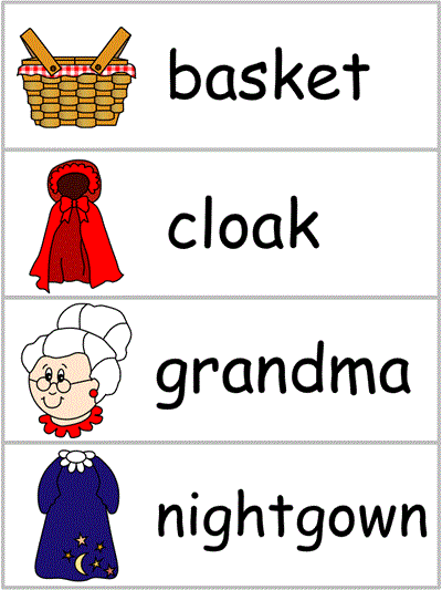 Word Wall Words - basket, cloak, grandma, nightgown