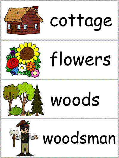 Word Wall Words - cottage, flowers, woods, woodsman