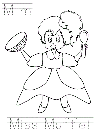 Printable print practice coloring page - Mm Miss Muffet