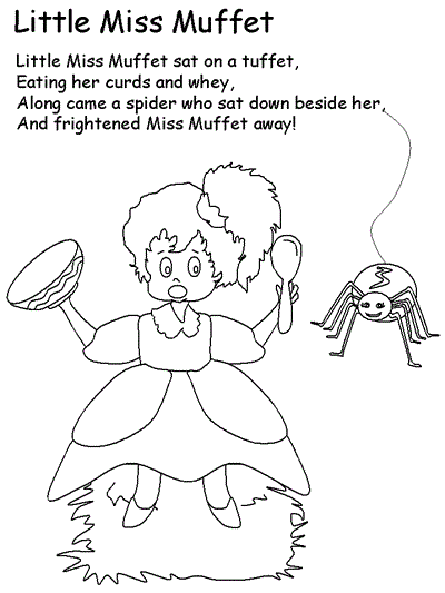 Little Miss Muffet coloring page with words 