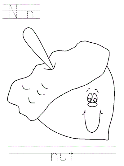 Printable print practice coloring page - Nn nut