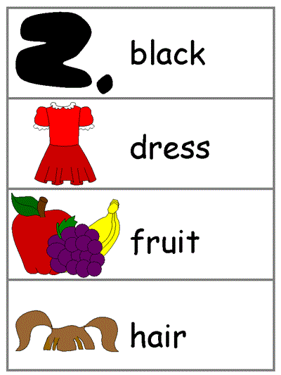 I Had a Little Nut Tree word wall words - black, dress, fruit, hair