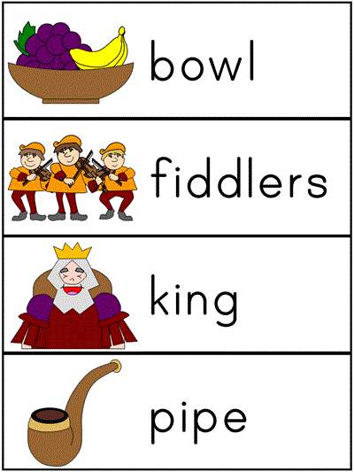 Old King Cole word wall words - bowl, fiddlers, king, pipe