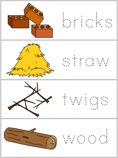 Word Wall Words tracer pages - brick, straw, twigs, wood