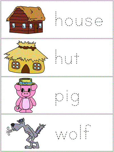 Word Wall Words tracer pages - house, hut, pig, wolf
