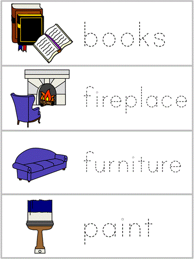 Word Wall Words tracers - books, fireplace, furniture, paint