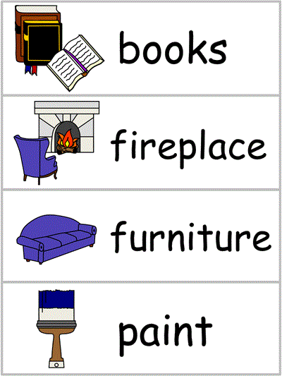 Word Wall Words - books, fireplace, furniture, paint