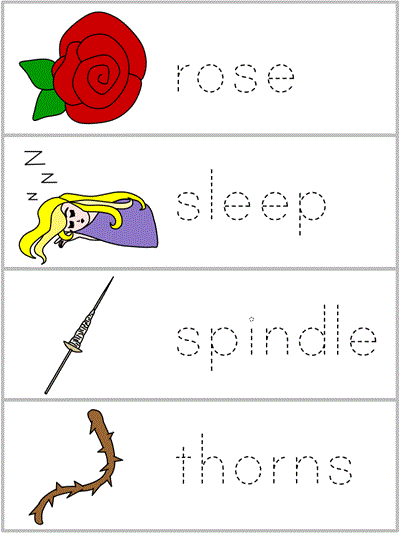 Word Wall Words tracer - rose, sleep, spindle, thorn