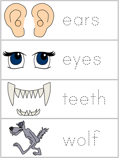 Word Wall Words tracing worksheets - ears, eyes, teeth, wolf